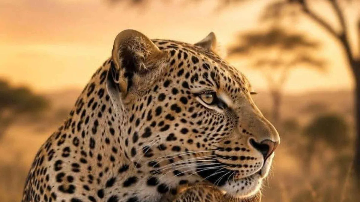 A leopard resting in warm evening light, its face turned to the side