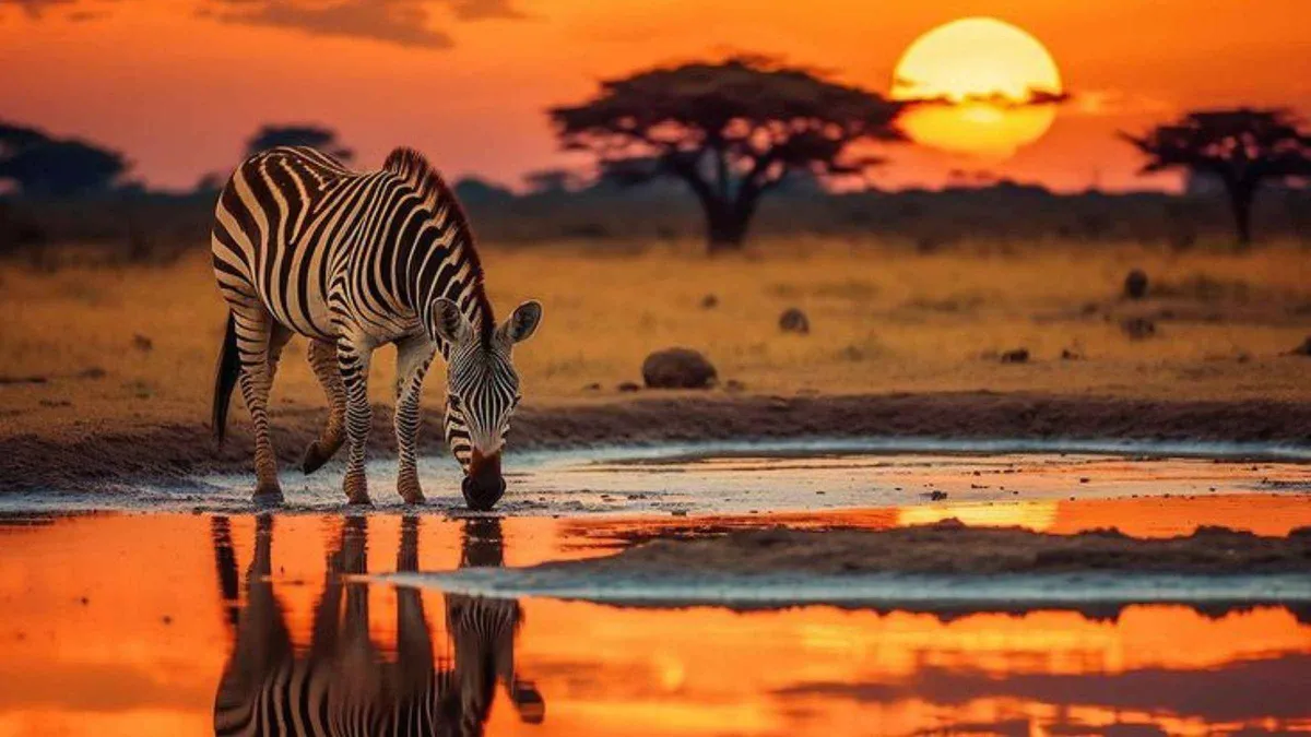 A zebra drinking at a waterhole under an orange sunset with an acacia on the horizon
