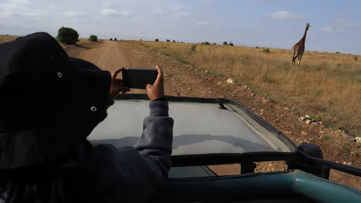A passenger photographing a giraffe from the open roof of a safari vehicle in Nairobi National Park